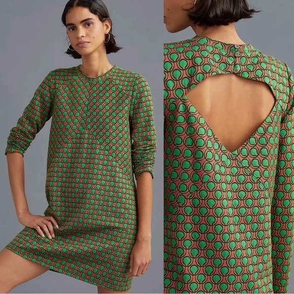 Anthropologie Dresses & Skirts - Maeve • Anthropologie Jacquard Shift Mini Dress green orange dots retro mod